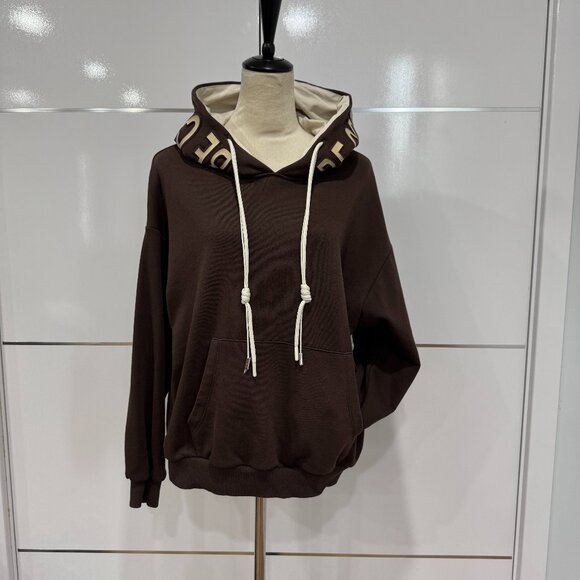 Women Loose Drop Shoulder Drawstring Hoodie Sweatshirt Brown, Size M/38 - Picture 1 of 17
